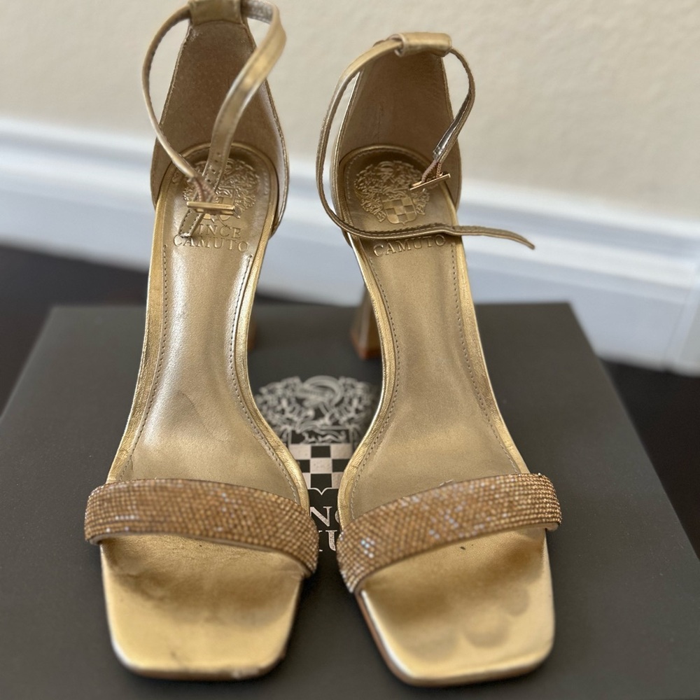 Vince Camuto Gold High-Heeled Sandals with Square-Toe Design